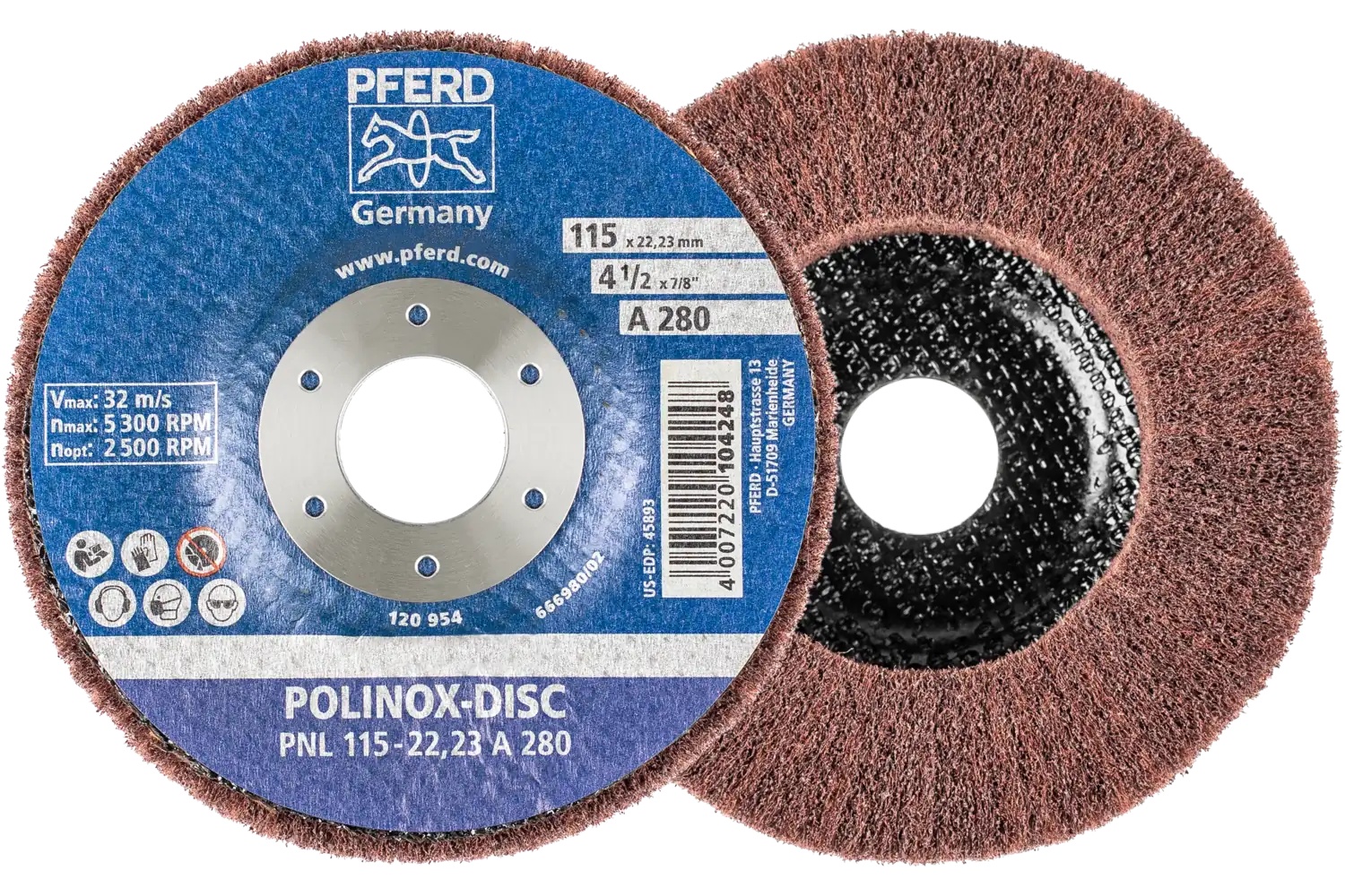 Picture of Pferd Polinox® Fibre-backing disc, 4-1/2" 3/4 x 7/8, Radial, 280 Grit, Aluminum oxide